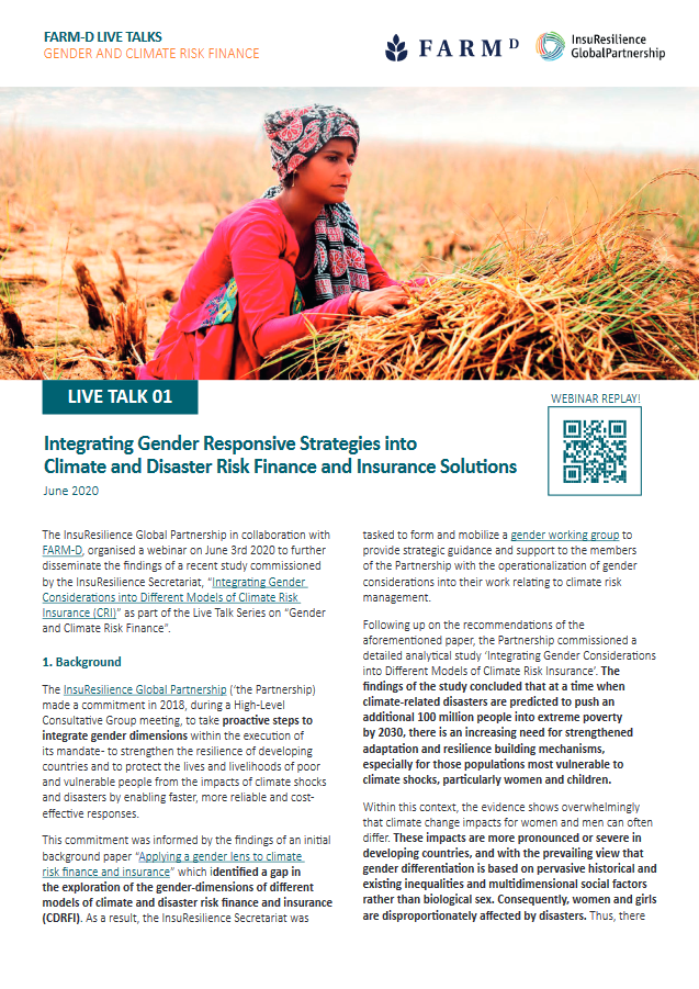 Live TALK Series on Gender and Climate Risk Finance and Insurance: LIVE TALK 01: Integrating Gender Responsive Strategies into Climate and Disaster Risk Finance and Insurance Solutions