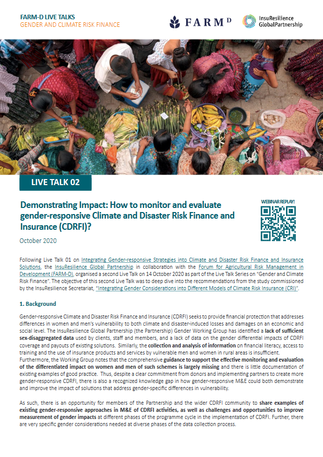 Live TALK Series on Gender and Climate Risk Finance and Insurance: LIVE TALK 02 Demonstrating Impact: How to monitor and evaluate gender-responsive CDRFI?